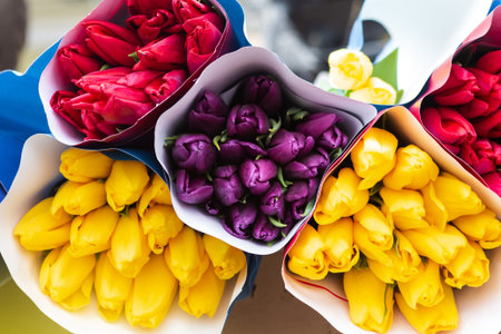 Bouquets of colorful tulips, close up. 8 march or Easter holiday background