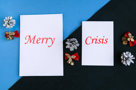 Two mockup blanks and Christmas decorations on color background. Template for Christmas greeting cardの写真素材