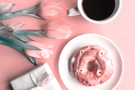 Bouquet of tulips, sweet donut and coffee cup on pink background, toned photo