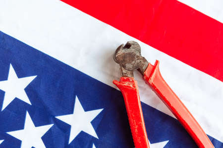 Construction tools on American flag background. Happy Labor Day conceptの写真素材