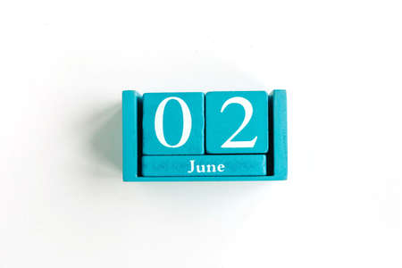 June 2. Blue cube calendar with month date isolated on white background.の写真素材