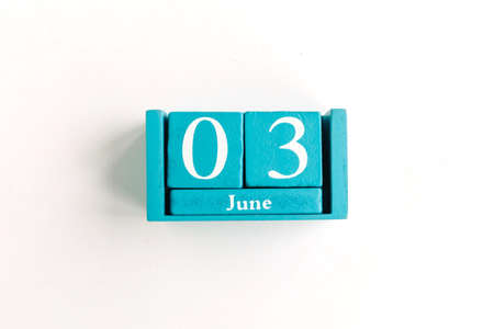 June 3. Blue cube calendar with month date isolated on white background.の写真素材