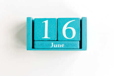 June 16. Blue cube calendar with month date isolated on white background.の写真素材