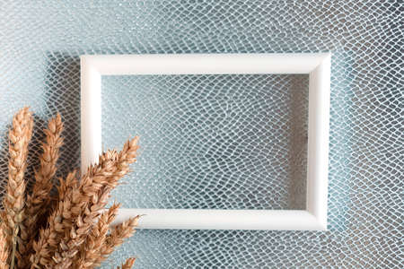 Bunch of wheat ears and photo frame on silver background. Agriculture concept in minimalism style. Copy space for the textの写真素材