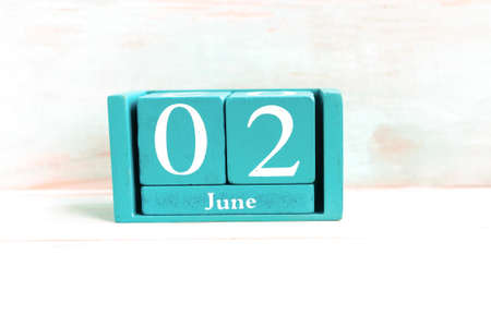 June 2. Blue cube calendar with month date isolated on white background.の写真素材