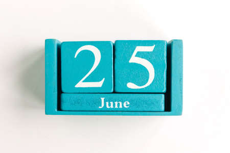 June 25. Blue cube calendar with month date isolated on white background.の写真素材