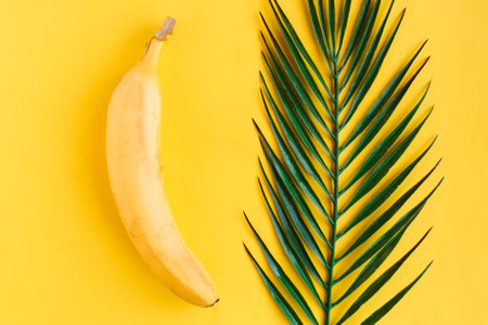 Fresh tasty yellow banana on bright yellow background. Healthy food concept. Minimal conceptの写真素材
