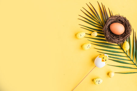 Chicken egg in the nest and palm branches on yellow background. Top view. Copy space