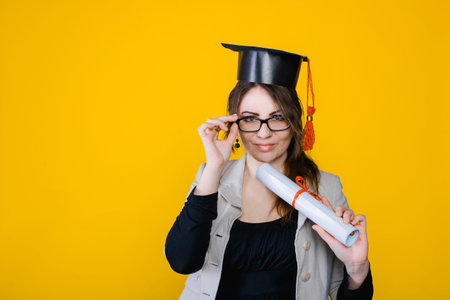 Training, education, university, college, graduate concept on the yellow background. Happy and...