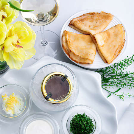 Delicious pancakes with filling and herbs, top viewの写真素材