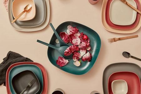 Radish and red cabbage salad on a plate. Composition of kitchen utensils. Flat lay, top view