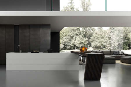 Modern kitchen interior design in minimalism style. contemporary villa interiorの写真素材