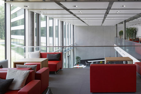 Berlin, Germany - September 4, 2019: Modern hall interior design in red colorsのeditorial素材