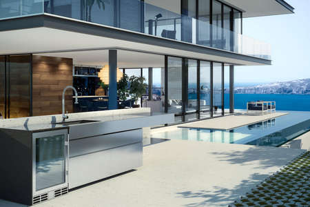 outside exterior with sea view from terrace, 3d renderingの写真素材