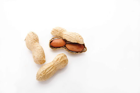 Peanuts in shell isolated on white, elevated viewの写真素材