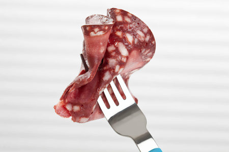 Sliced salami piece on the fork