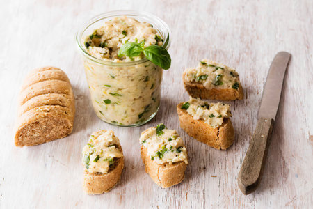 Homemade snack food pasta in a jar and sandwichesの写真素材