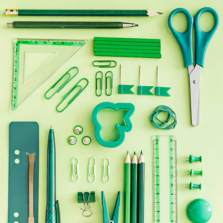 Green office supplies on green background