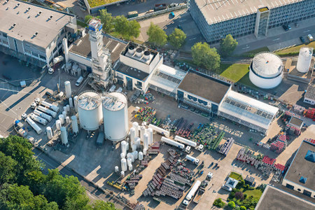 Aerial view of oxygen plant, top view of industry zone