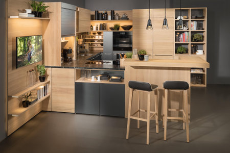 Modern wooden luxury kitchen interior design in minimal styleの写真素材