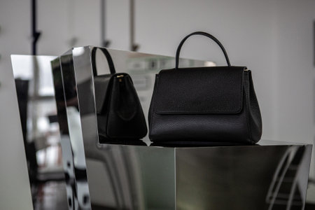 Luxury black leather handbags on a tableの写真素材