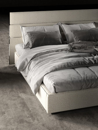 Comfortable bed with pillows in modern style. 3d renderの写真素材