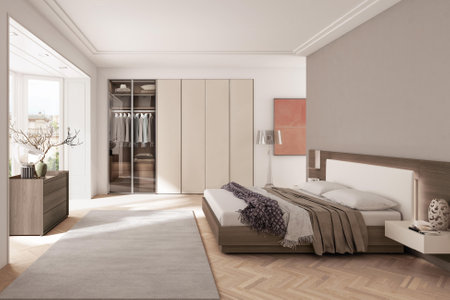 Side view of a bedroom interior with a wooden bed, a wardrobe and a carpet. 3d rendering mock upの写真素材