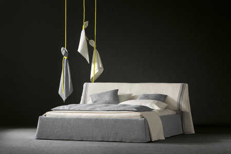 Modern bedroom interior with gray bed and pillows. 3D Renderingの写真素材