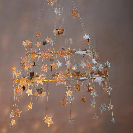 Christmas decoration in the form of stars and snowflakes on a brown backgroundの写真素材