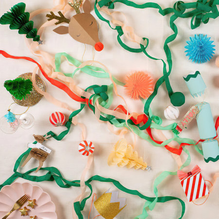 Flat lay composition with party decorations on white background. Top view.の写真素材