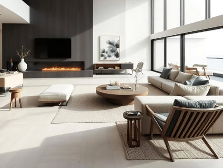 Interior of modern living room with white walls, tiled floor, panoramic window, beige sofa and coffee table. 3d renderingの素材