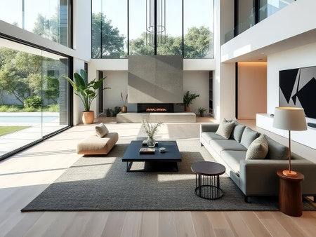 Modern interior of a living room with a coffee table and a sofa. 3d renderingの素材
