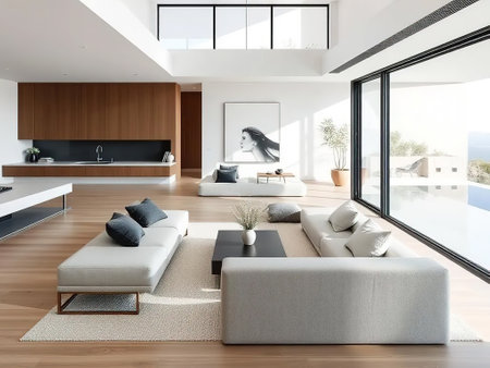 interior of modern house, living room, kitchen and dining areaの素材