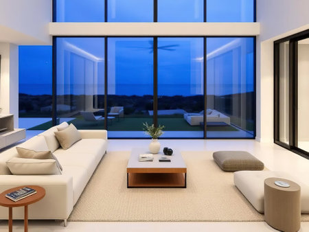 3d rendering of a modern living room with a view of the seaの素材