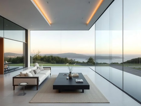 Luxury living room with panoramic window overlooking the mountainsの素材