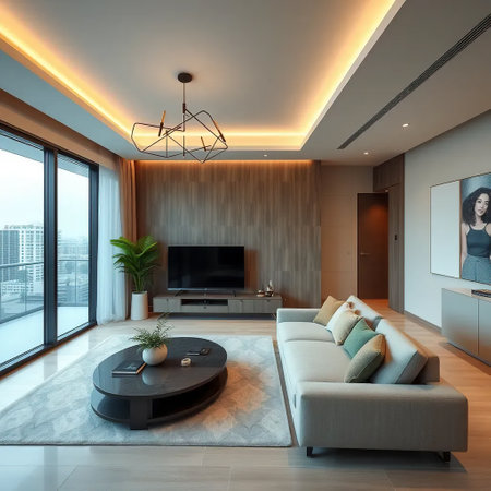 Interior of a modern living room with a large window overlooking the cityの素材