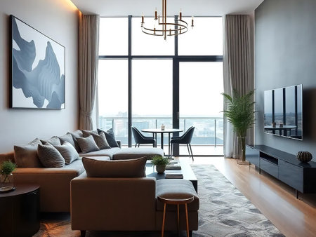 Interior of modern living room with panoramic window, sofa and coffee table. 3d renderの素材