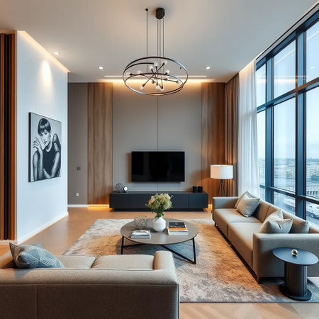 Luxury living room with sofa, TV and coffee table. 3d renderingの素材