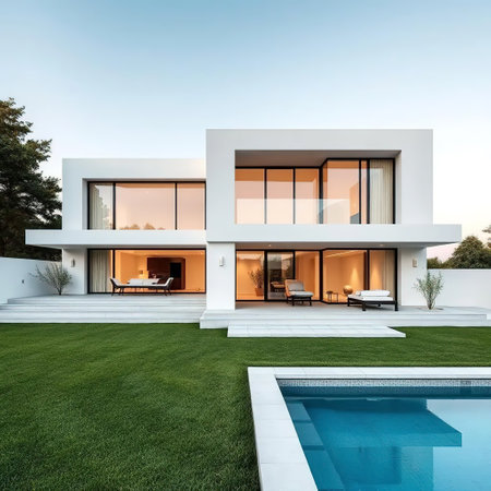 Modern villa with swimming pool and garden. Nobody in the houseの素材