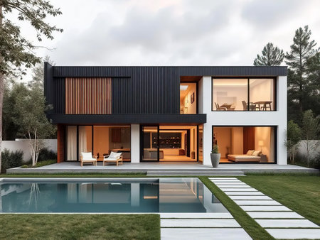 3d rendering of modern cozy house with pool and parking for sale or rent in luxurious style and beautiful landscaping on background. Clear summer evening with golden light from window.の素材