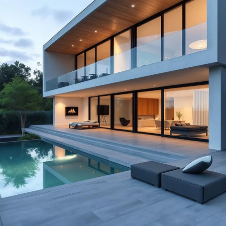 3d rendering of modern cozy house with pool and parking for sale or rentの素材