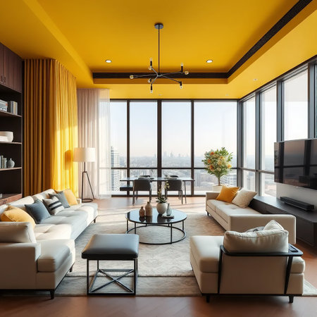 Luxury living room with yellow walls, wooden floor, yellow sofa and coffee table. 3d renderingの素材