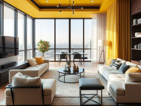 Luxury living room interior with yellow walls, carpeted floor, beige sofas and a coffee table. 3d renderingの素材