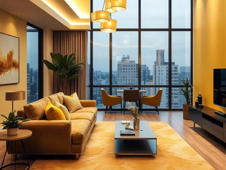 Modern living room interior with yellow sofa, coffee table and city viewの素材