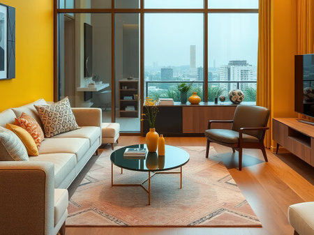 Interior of a living room with a large window overlooking the cityの素材