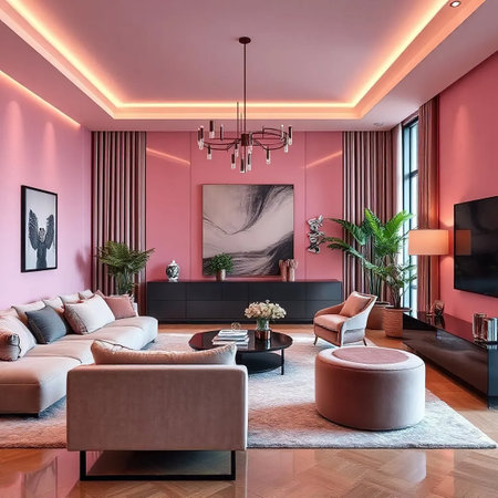 Living room with pink walls and carpet. 3d rendering design.の素材