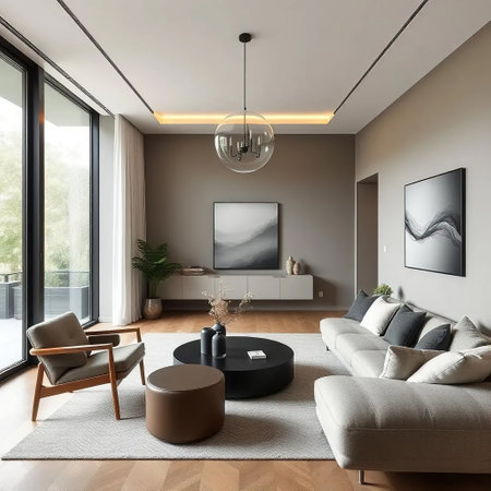Interior of modern living room with gray walls, carpet, beige sofa and coffee table. 3d renderの素材
