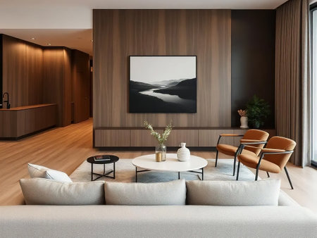 Interior of modern living room with wooden walls, wooden floor, comfortable sofa and armchairs near round coffee table with vase and poster. 3d renderingの素材