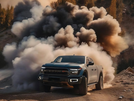 Off-road car with smoke on the road in the mountains.の素材