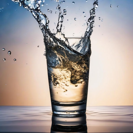 Water splashing out of a glass on a colorful background. Copy space.の素材